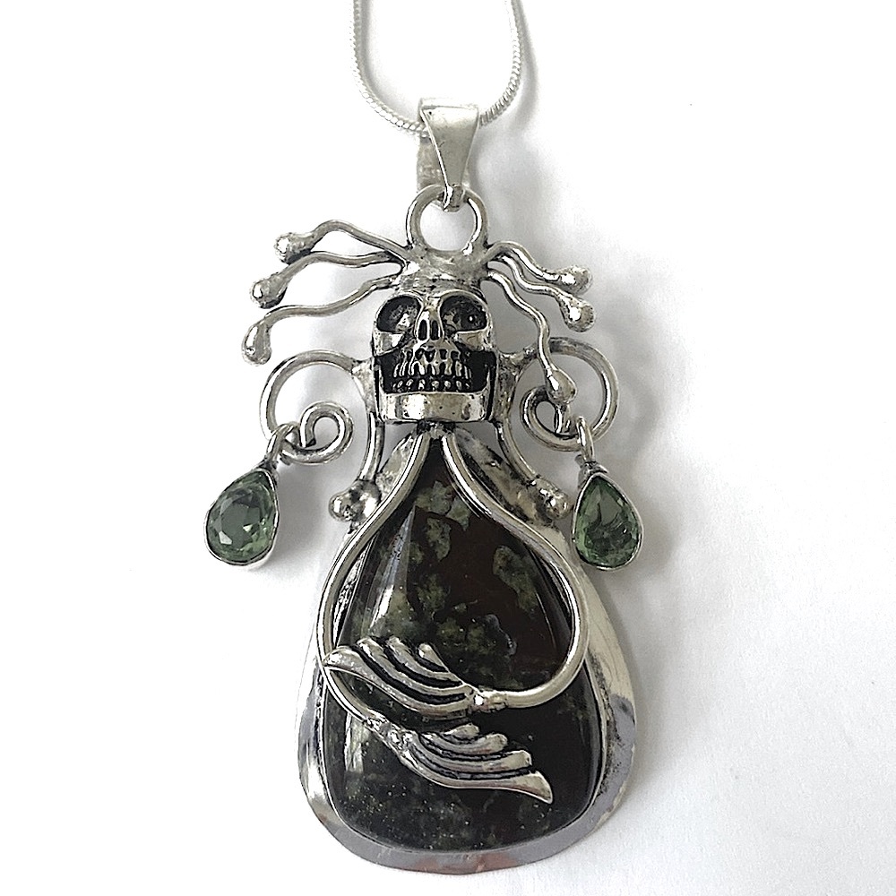 2 inch Dragon Blood agate , with skull head and hanging peridot on silver chain